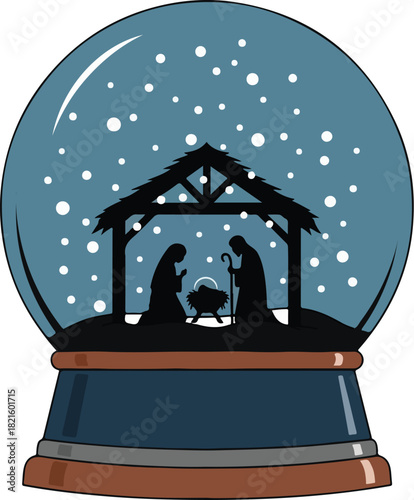 Nativity Scene Snow Globe: A serene and heartwarming illustration of the Nativity scene encased within a delicate snow globe, symbolizing the spirit of Christmas and the miracle of birth.