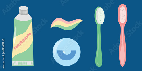 Dental care set, toothpaste, floss, toothbrush. Oral hygiene kit illustration, dental essentials. Toothpaste and floss with brush, health set
