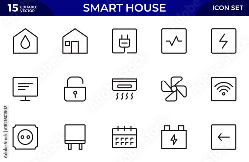 Smart house Line icon set. Sustainable development. Contains such icons as renewable energy, autonomous building, air. Thin outline icons pack. Vector illustration