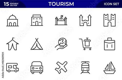 Tourism Outline icon set. Airplane, trip, beach, passport, summer vacations, luggage, camping, hotel. Collection. Thin outline icons pack. Vector illustration