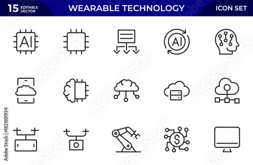 Wearable technology line icon set. Depicts various wearable devices designed for fitness tracking, communication. Thin outline icons pack. Vector illustration