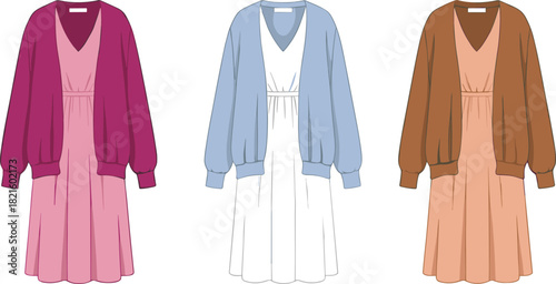 Oversized Cardigan and Dress Layered Outfit Vector Set in Three Different Color Combinations