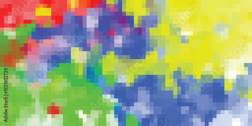 Vibrant abstract pixelated mosaic pattern with a chaotic blend of red green blue yellow and purple hues creating a dynamic and energetic visual texture for design backgrounds and creative projects