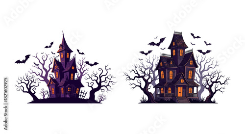 A collection of two cartoon-style haunted mansion illustrations with glowing windows, flying bats, and spooky trees, perfect for Halloween celebrations