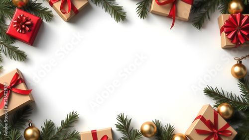 A festive Christmas frame decorated with gift boxes, pine branches, and golden ornaments, perfect for holiday designs