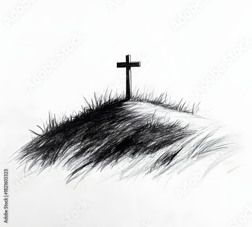 Lone cross on a grassy hill, hand-drawn sketch, minimalist, religious symbol
