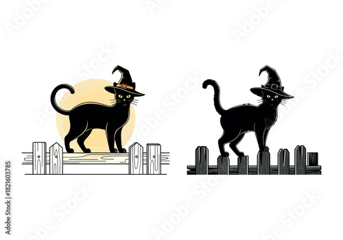 A charming vector illustration set featuring two black cats wearing witch hats, perched on separate fences, symbolizing Halloween magic and spooky fun