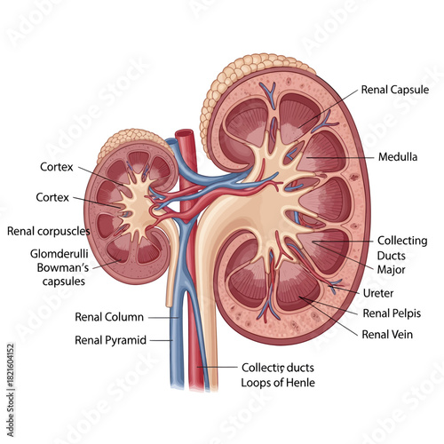 Detailed anatomical illustration of a human kidney cross-section showing internal structures for medical education and urology study