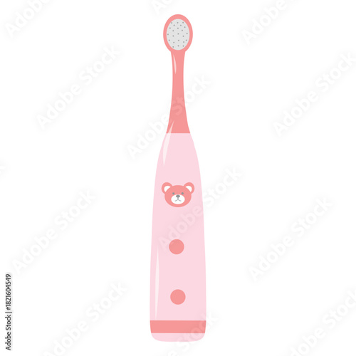 Kids electric toothbrush, pink rechargeable brush. Child toothbrush vector, rechargeable with animal icon. Children’s electric brush, cute bathroom tool