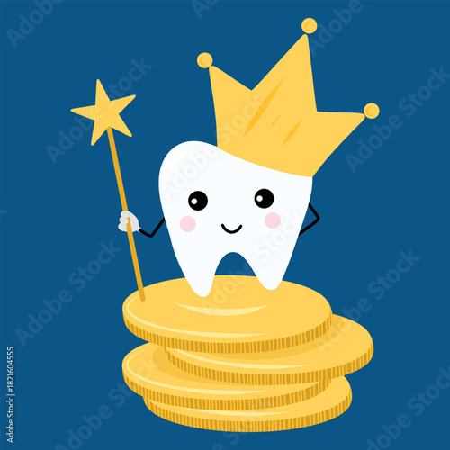 Tooth with crown and coins, dental reward. Dental prize illustration, tooth on gold coins. Crowned tooth character, dental success icon