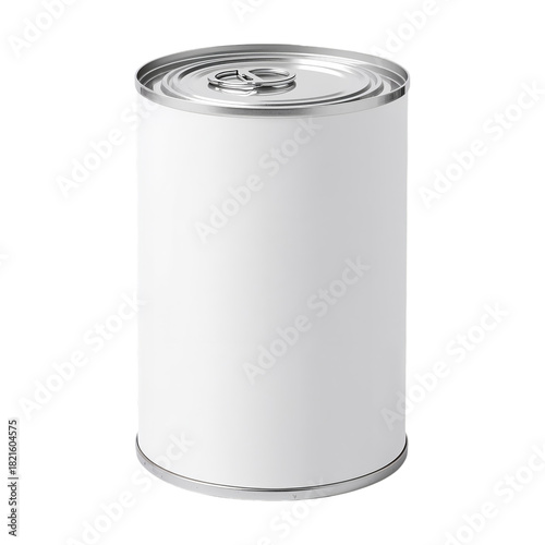 Simple White Tin Can With a Pull-Tab Lid Positioned Upright on a Flat Surface...