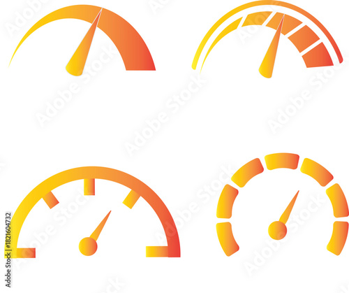 Print Set of four orange and yellow speedometers or gauges illustrating performance measurement