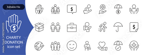 Charity and Donation solid line icon set. Contains symbols for giving, fundraising, humanitarian aid, money, and support. Clean vector design for non-profit websites and social campaigns.