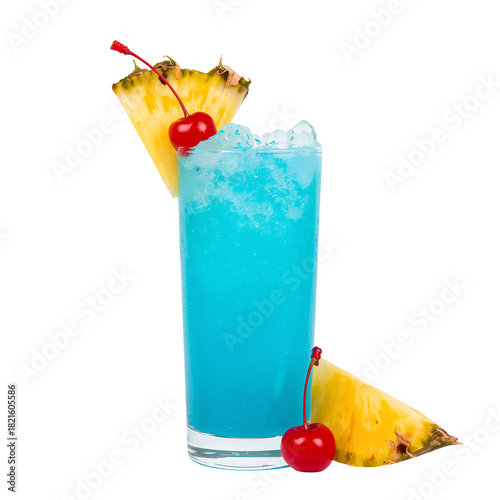 Bright Blue Tropical Drink With Pineapple and Cherries on a White Background