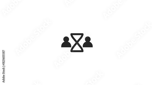 Black icon of two stylized people flanking an hourglass, symbolizing time management, deadlines, teamwork, human resources, waiting, and efficiency.
