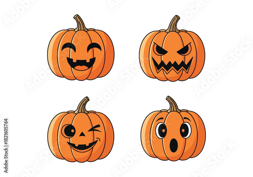 Set of four cartoon Halloween pumpkins with different spooky and fun facial expressions on a white background, perfect for holiday designs and decorations