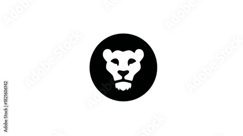 Minimalist Black and White Lion Head Icon within a Circular Frame, Symbolizing Strength and Courage on a Clean Background
