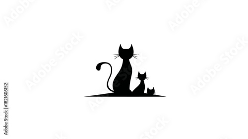 Minimalist black cat family silhouette graphic illustration with mother cat and two kittens, elegant pet design on white background