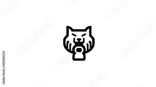 Minimalist black line art icon of a roaring wolf head, stylized animal logo illustration for modern design projects.