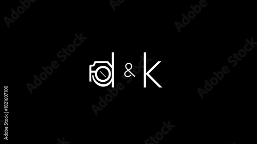 Modern Photography Logo Concept: Stylized 'D' with Camera Icon, Ampersand, and 'K' in White on Black Background, Graphic Design Element