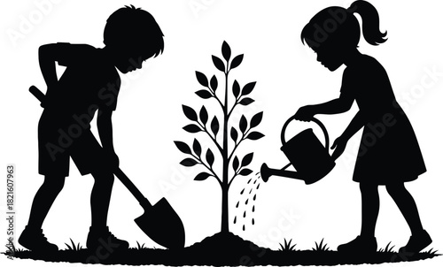 Children planting and watering tree