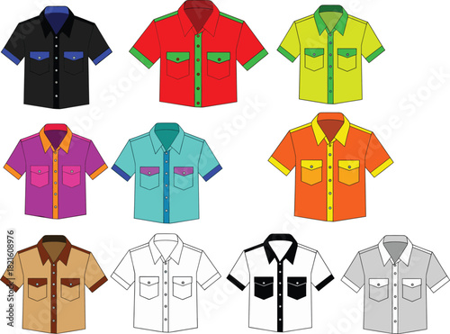 Variety Pack of Short Sleeve Button-Down Shirts Vector Collection in Multiple Colorful Designs