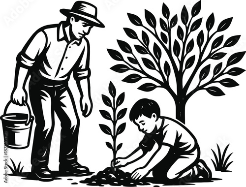 Father and son planting a new tree