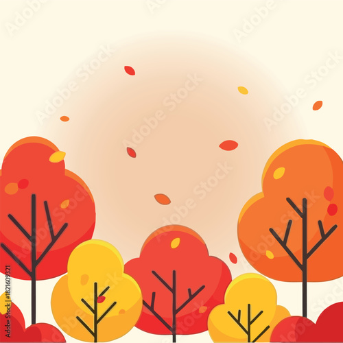 A vibrant and stylized illustration of an autumn forest landscape with colorful trees and gently falling leaves