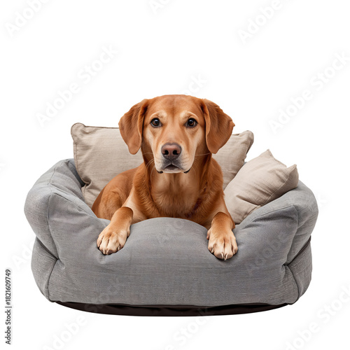 Dog Relaxing on a Cozy Bed With Pillows in a Bright Indoor Space