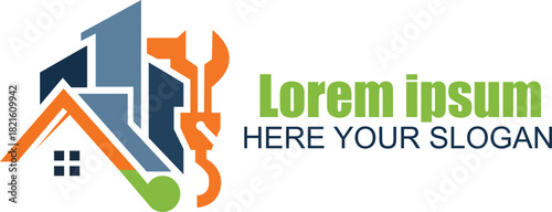 Abstract logo for construction, home repair, and plumbing, with house, wrench, and pipe element, isolated on white background