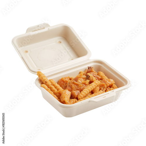 Delicious Crinkle Cut Fries With Savory Toppings Served in a Takeout Box