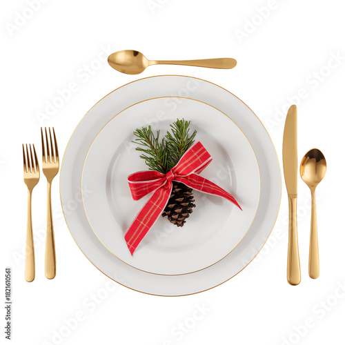 Holiday Dinner Table Setting With a Pinecone Decoration and Elegant Gold Uten...