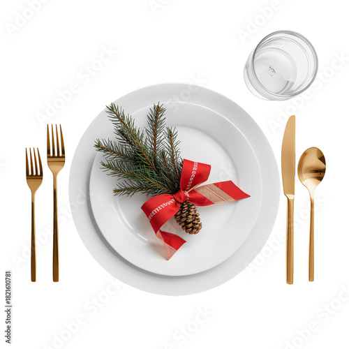 Holiday Dinner Table Setting With a Pinecone Decoration and Elegant Gold Uten...