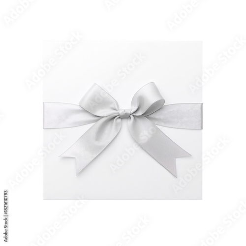 Gift Box With Silver Ribbon and Bow on a Plain White Background