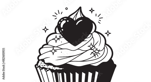 Delicious cupcake with fluffy frosting and a heart on top, dessert illustration.