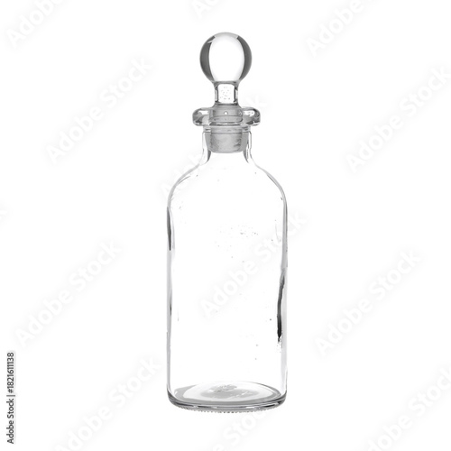 Clear Glass Bottle With a Round Stopper on a Plain Background, Ideal for Home...