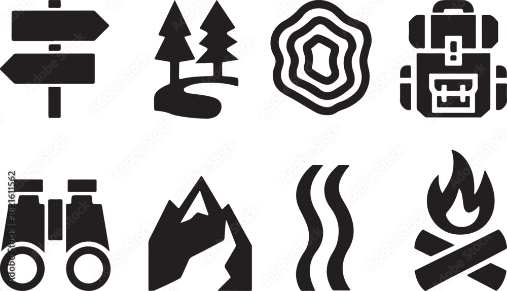 Fototapeta premium Brutalist Hiking Icons Set – Minimalist Line Art Outdoor Adventure Symbols.