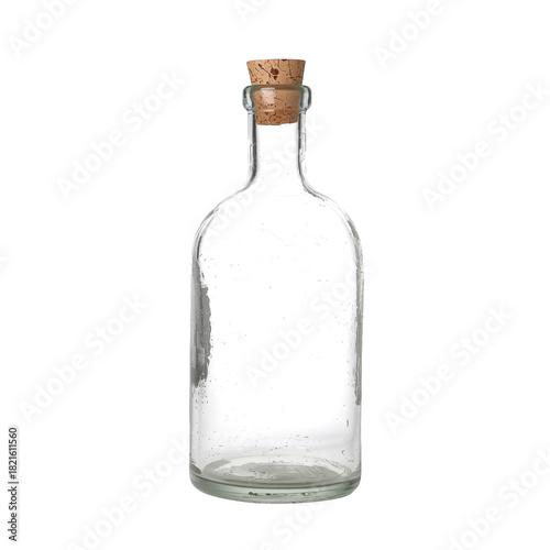 Clear Glass Bottle With Cork Stopper on a Plain Background, Suitable for Vari...