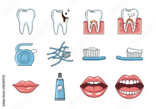 Dental Health Icons Tooth Care, Floss, and Oral Hygiene Set