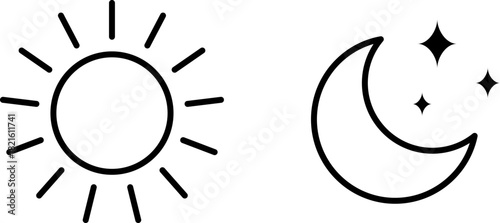 Simple line art of sun and crescent moon with stars