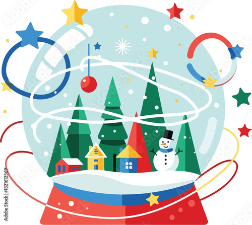 Winter Wonderland: Festive snow globe with a cheerful snowman amidst colorful houses and snow-covered trees, evokes a sense of winter magic.
