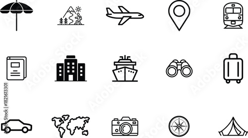 Black and White Travel Icons Beach Umbrella, Mountain Hiker, Airplane, and Transportation Set