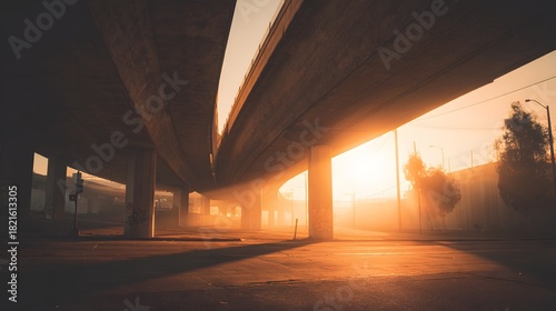 Urban highway overpass at sunrise, casting long shadows on the road surface.
