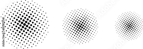 Halftone dot sphere pattern in three sizes creates a dynamic abstract visual effect. Minimal black dot gradients form smooth circular shapes. Clean modern design ideal for backgrounds and graphic 
