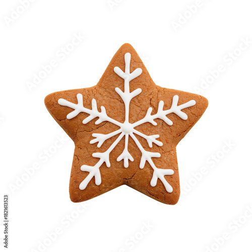 A Star-Shaped Gingerbread Cookie Features Intricate White Icing Designs Resem...
