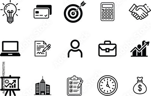 Business Icon Set Lightbulb, Credit Cards, Target, Calculator, Handshake, Laptop, Document, Person, and More