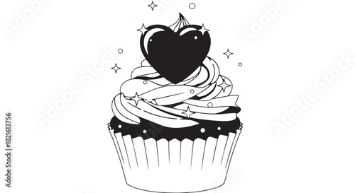 Delicious cupcake with swirled frosting and heart topping in black and white illustration.