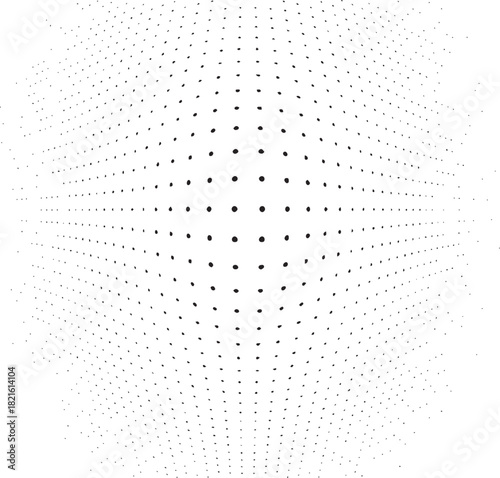 Abstract halftone dot sphere pattern creating a modern minimal illusion. Smooth gradient dots form a symmetrical geometric texture. Clean monochrome design ideal for digital backgrounds. 