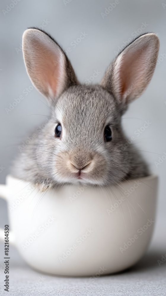 Fototapeta premium Adorable baby bunny in ceramic mug on kitchen table - perfect for spring and easter decor
