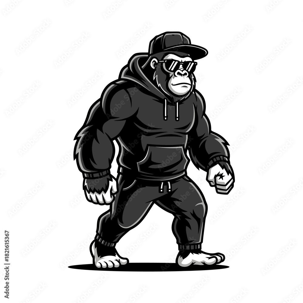 Obraz premium A powerful and stylish gorilla character illustration wearing a hoodie, cap, and sunglasses, walking confidently.